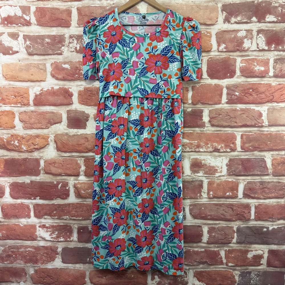 Lotus Dress Womens Medium Multicolor Floral Puff Sleeve Tie Back Jersey Sundress